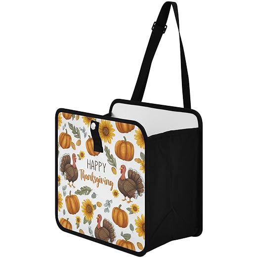 Car Trash Can Organizer Bin with Adjustable Strap for Back Front Seat Console Waterproof Leakproof Collapsible Portable 8.66 Inch Thanksgiving Turkeys Sunflowers White
