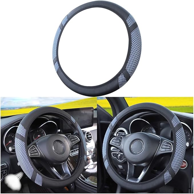 Zipelo Elastic Stretch Car Steering Wheel Cover, Leather Breathable Vehicle Steer Wheel Protective Guard, Anti-Slip Automotive Steer Wheel Protector Accessories, Universal for Most Cars (Blue Gray)