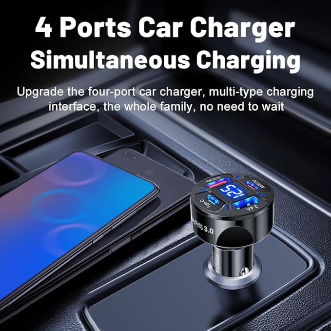 Multi Port USB C Car Phone Charger Adapter with Voltmeter, 4 in 1 100W Fast Charging Cigarette Lighter USB Charge for iPhone 16 15 14 13 12 11, Android, Samsung, iPad Pro (Black)