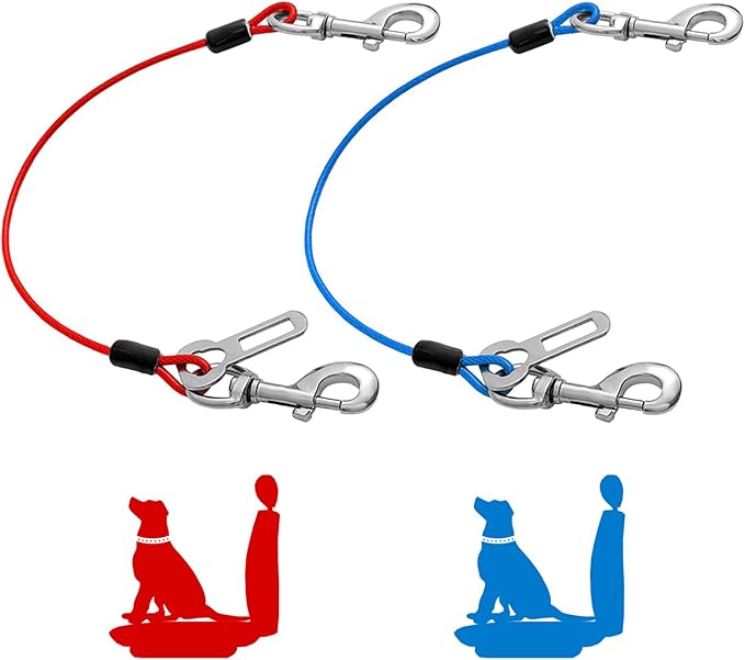 Mi Metty Dog Seat Belt Harness for Car,2pcs Dog Seatbelt of Coated Wire Leash Safety Restraint,No Chew Tether Cable Vehicle Dog Accessories,Double Clips & Latch (2 Pack Red+Blue, 24 inch/60 CM)