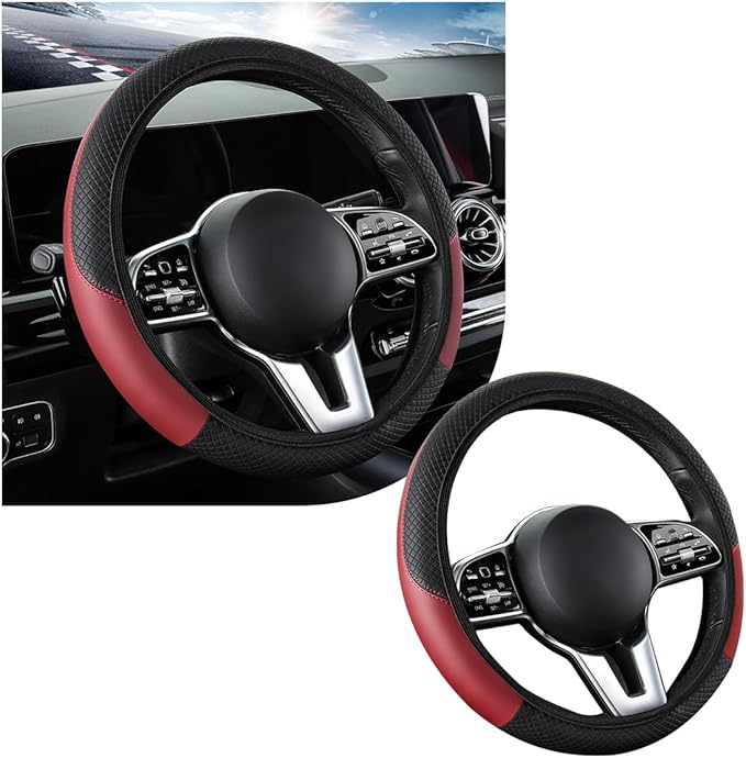 Car Steering Wheel Cover, 15 Inch Leather Breathable Auto Steering Wheel Protector, Comfortable Non-Slip Vehicle Steering Wheel Covers, Universal Interior Car Accessories (Wine Red, AD)