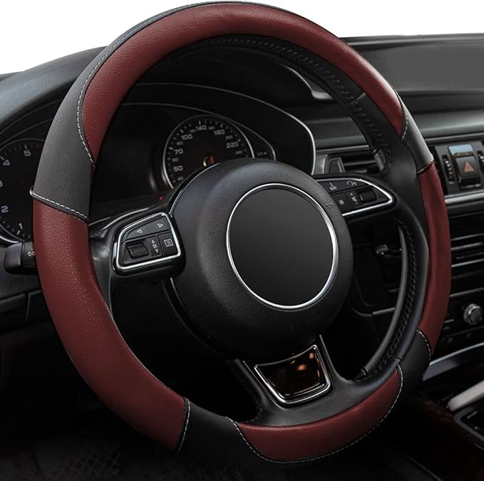 Xizopucy Steering Wheel Covers Black Universal Microfiber Leather, Suitable for 14 1/2-15 inch Car Steering Wheel Cover, Breathable, Anti Slip- Wine Red