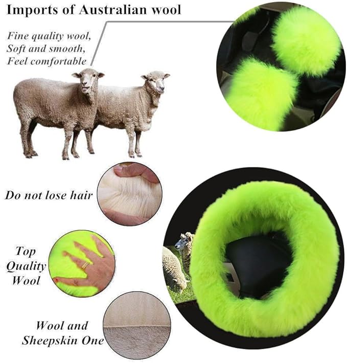 15inches Universal Leather Car Steering Wheel Cover Car Accessories Colorful Fuzzy Steering Wheel Cover Gear Shift Cover Handbrake Cover (neon Green)