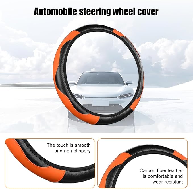 Carbon Fiber Car Steering Wheel Cover, 14.5-15 Inch Elastic Stretch Steering Wheel Guard, Sports Style Non-Slip Automotive Interior Accessories, Universal for Vehicles (Black/Orange)