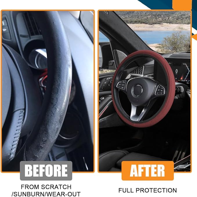 Car Steering Wheel Cover, Universal 14.5-15 Inch Wine Leather Steering Wheel Wrap with Better Sport Grip for Men Women, Anti-Slip Breathable Car Interior Accessories for Most Vehicle (Wine)
