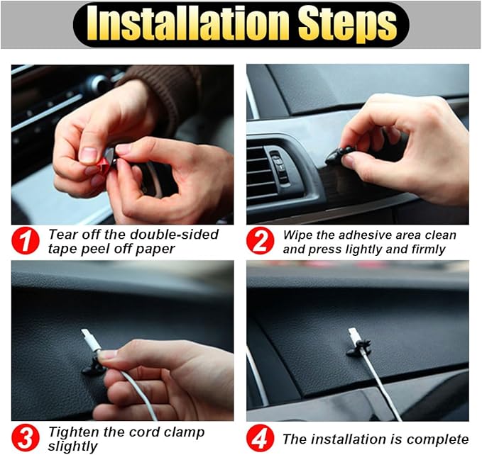 4PCS Car Cable Clips USB Cable Line Clip Holder for Car, Durable Strong Adhesive Cord Cable Holder Wire Organizer, Cord Organizer Cable Management Wire Holders for Cords