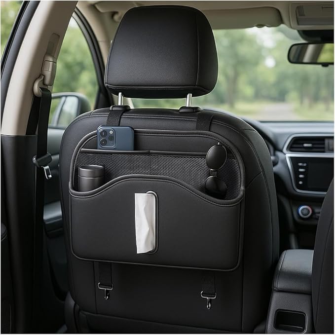 Car Tissue Holder, Multifunctional Vehicle Back Seat Organizer with Tissue Box Hook, Automotive Interior Headrest Hanging Storage Pocket Bag Accessories, Universal Fit