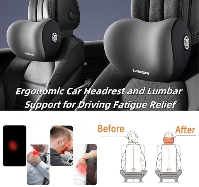 Car Headrest & Lumbar Support Cushion Kit, Ergonomic Car Seat Neck Pillow and Backseat Cushion for Driving Fatigue Relief, Driving Seat Memory Foam Neck Back Rest Pillows (Black)