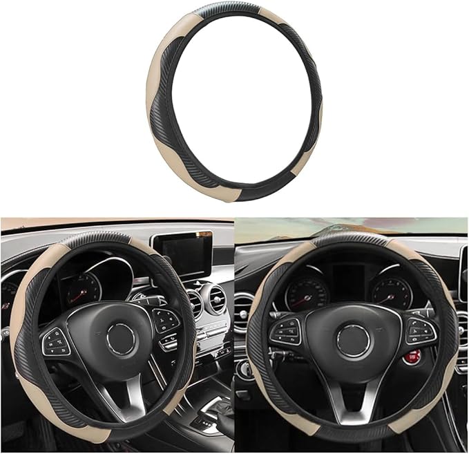 Car Steering Wheel Cover, Universal Microfiber PU Leather Elastic 15 inch Stitching Color Anti-Slip Steering Wheel Protector, Car Interior Accessories Steering Wheel Cover for Men Women (Beige)