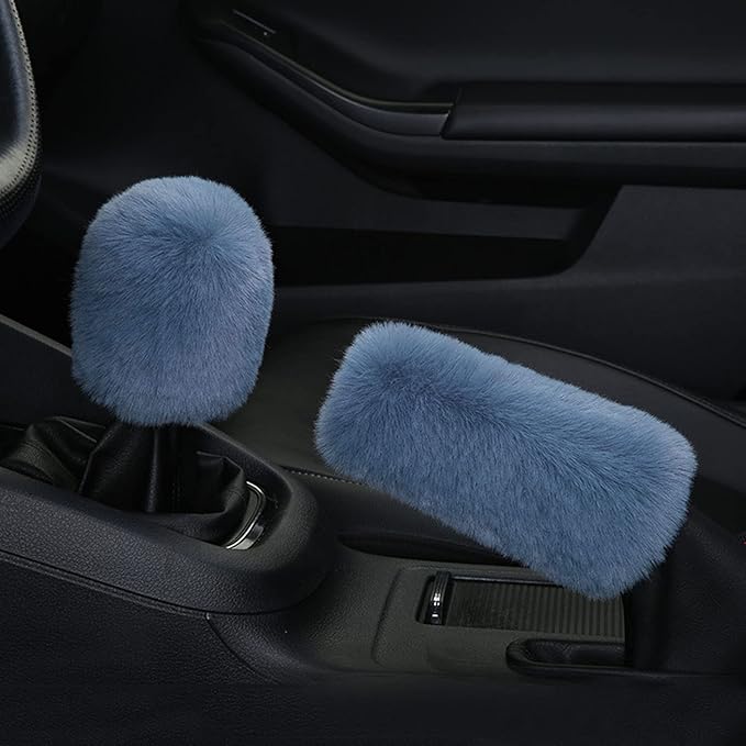 1 Set 6 Pcs Fluffy Car Steering Wheel Cover & Seat Belt Shoulder Pads & Handbrake Cover & Gear Shift Cover Set & Seat Belt Shoulder Pads Faux Wool Universal Fit Car Interior Accessories (Grey)