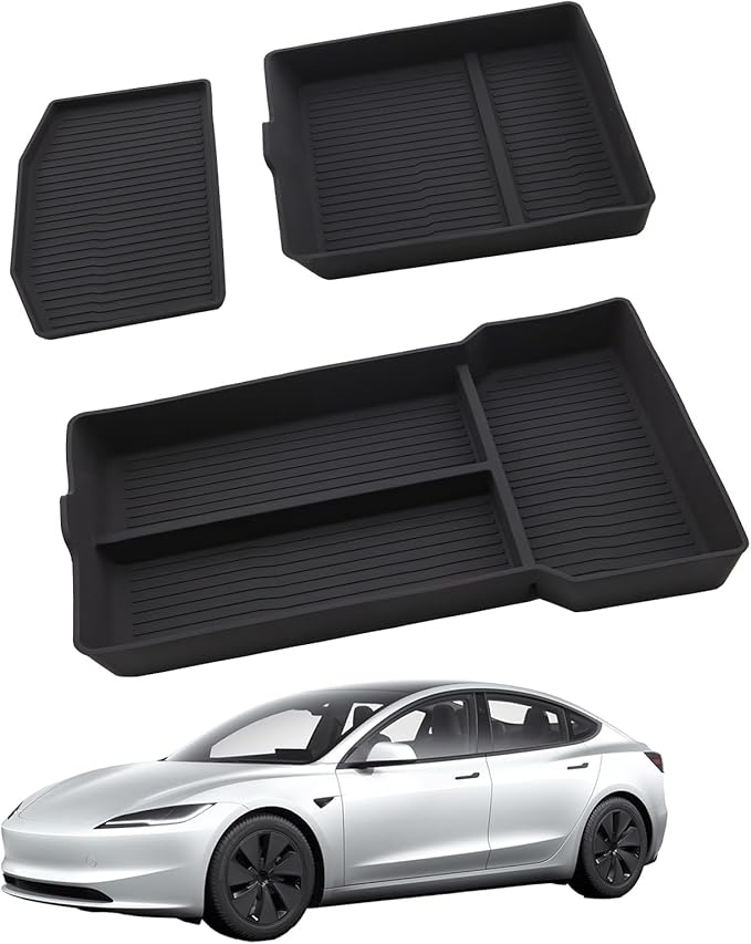 3PCS Center Console Organizer Lower Storage Box for Tesla Model 3 Highland 2024 2025, Silicone Console Organizer Tray New Tesla Interior Accessories