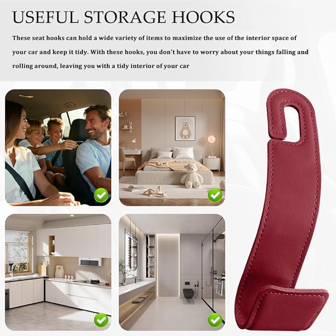 1PCS Purse Holder for Car, Purse Hook for Car, Leather Headrest Hooks for Automotive Back Seat, Auto Accessories Back Seat Organizer Hook for Grocery Bag Handbag Coat (Red, 1PCS)