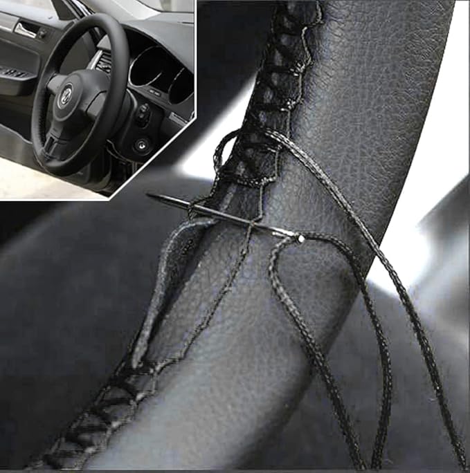 AUTOXBERT 38cm/15 Inch Leather Steering Wheel Cover Stitch On Wrap, Breathable, Anti-Slip Steering Wheel Cover for Nissan Qashqai Toyota Camry RAV4 VW Golf