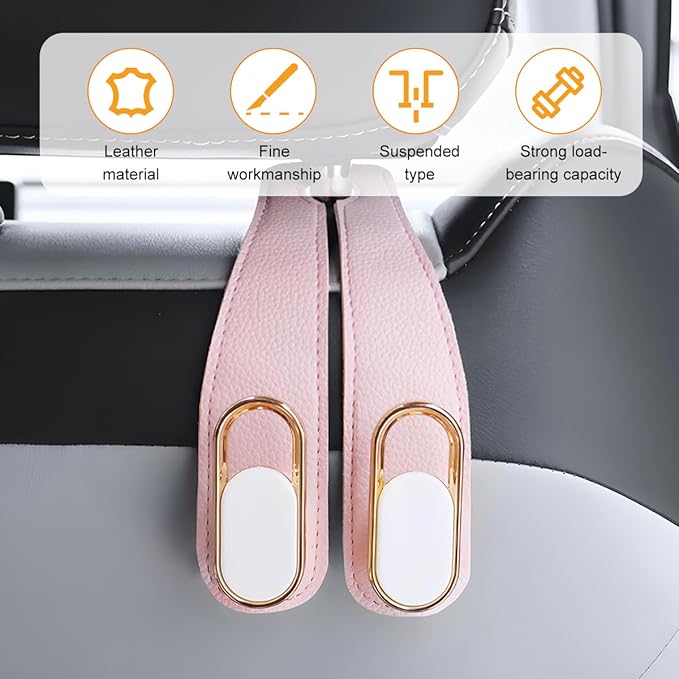 Car Seat Headrest Double Hook, 2PCS Multifunctional Soft Leather Vehicle Purses & Bags Holder, Hidden Design Automotive Interior Storage Hanger, Universal for SUV, Truck, RV (Pink)