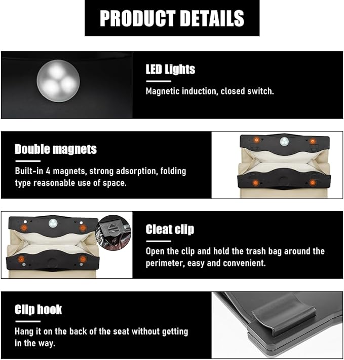 Hanging Car Trash Bag, Foldable Magnetic Garbage Can with Smart LED for Front Back Seat, Multi-Functional Waterproof Leather Rubbish Bag Storage Pocket, Car Accessories (Beige)