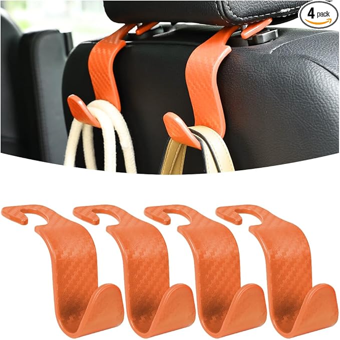 Car Seat Headrest Hook, 4 Pack Auto Seat Hanger Storage Organizer for Purse Handbag Coats Grocery Bags, Car Interior Accessories, Universal Vehicle Backseat Plastic Hanging Hook (Orange)