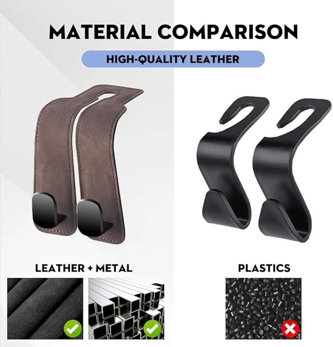 NHHEO Car Purse Hook for Headrest, 2 Pcs Car Seat Back Storage Hook Bendable Leather Universal Vehicle Car Bag Hooks(Gray)