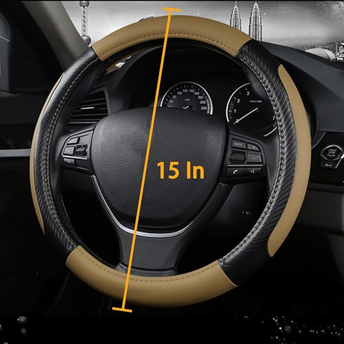 zipelo Elastic Stretch Steering Wheel Cover, Microfiber Breathable Ice Silk, Universal 15 Inch Anti-Slip Car Steering Wheel Protector, Warm in Winter and Cool in Summer for Women (Style1-Beige)