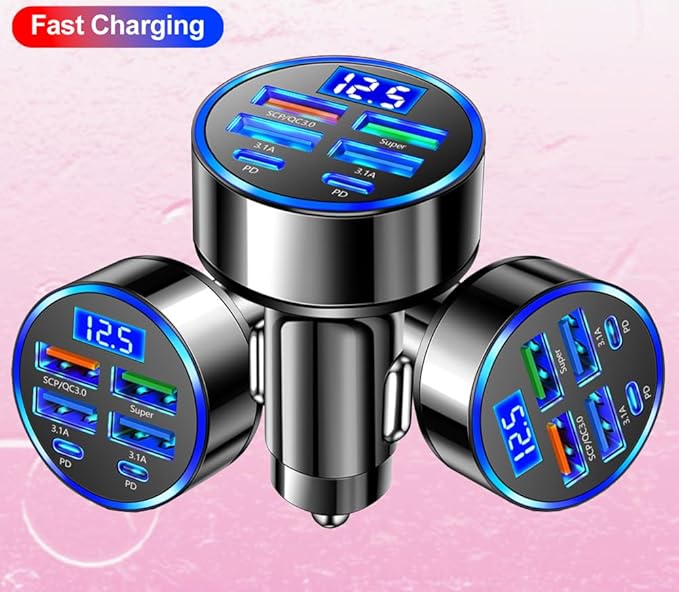 USB-C 6-Port Super Fast Car Charger with LED Voltage Monitor | Multi-Device Cigarette Lighter Adapter Compatible with iPhone, Samsung, Huawei, OnePlus, Oppo & Vivo Phones (Pack of 2)