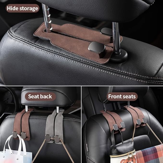 ZWYYTHC 2 Pack Car Seat Back Storage Hook, Headrest Hooks for Car with Metal Hooks, Premium Suede Leather Car Headrest Hooks Universal Car Seat Hooks for Purses, Bags & Groceries(Brown)