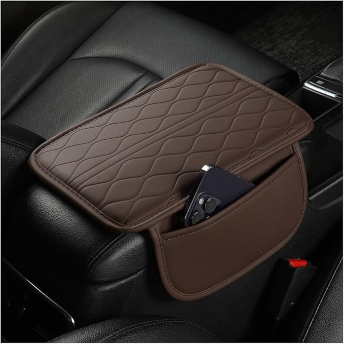 Car Center Console Cover, Leather Vehicle Armrest Seat Box Pad Cushion with 2 Storage Bags, Automotive Interior Arm Rest Protector Accessories, Universal for SUV, Sedan, Truck (Coffee)