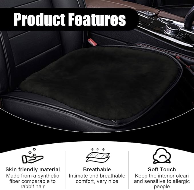 Sheepskin Car Seat Cushion, Soft Comfort Winter Driver Seat Cover, Fluffy Faux Fur Front Seat Pad, Car Seat Protector Pad for Office Chair, Universal Interior Accessory for Car SUV Truck (Black)