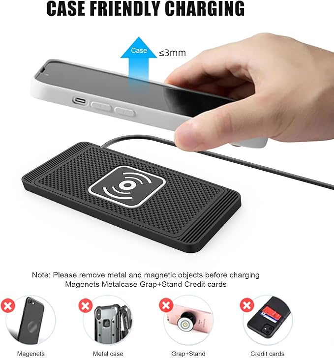 Car Wireless Charger Pad for AAA, 15W Fast Charging Anti-Slip Silicone Wireless Charging Mat for Dashboard & Center Console,Type-C