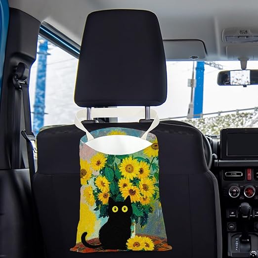 Pykfrhh Black Cat Car Trash Bag, Car Trash Bag Hanging, Waterproof Cars Back Seat Hanging Organizer and Storage Trash Bags for Vehicle Travelling Camping Sunflowers Decor