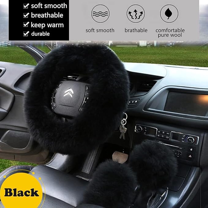 15inches Universal Leather Car Steering Wheel Cover Car Accessories Colorful Fuzzy Steering Wheel Cover Gear Shift Cover Handbrake Cover (Black)