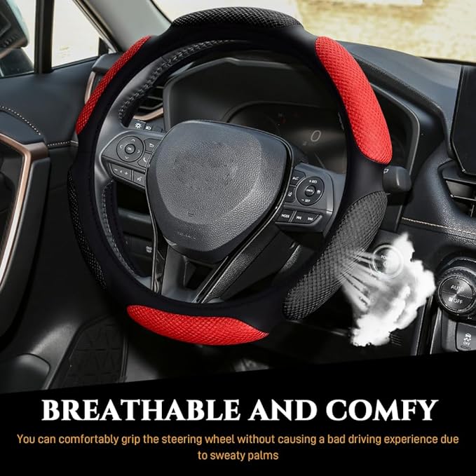Car Steering Wheel Cover, Breathable Sporty Auto Wheels Wrap, 15 Inch Suede Steering Wheel Protector with Comfortable Grip, Steering Wheel Cover Hand Pad Cushion Slip-on for Cars (Black Red)