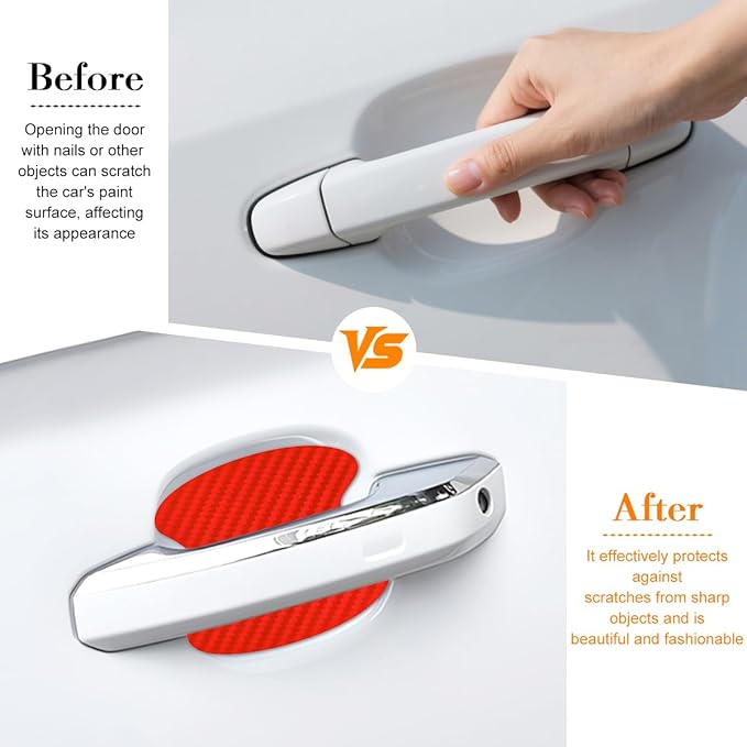Car Door Handle Cup Scratch Protector, 4PCS 3D Carbon Fiber Vehicle Handle Bowl Sticker, Automotive Exterior Door Cup Protection Decal, Universal for SUV Caravan Automobile (Red)