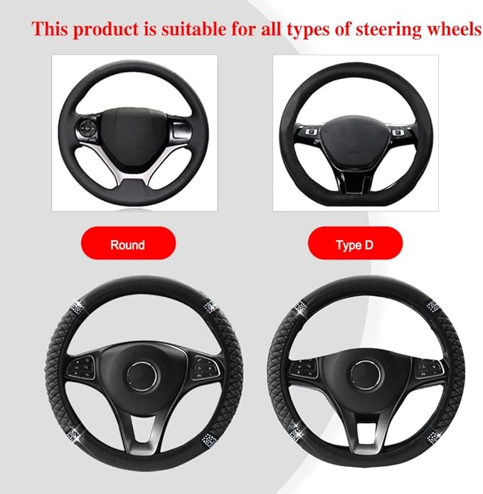 Bling Soft Leather Steering Wheel Cover, Anti-Slip Car Steering Wheel Protector, 15 Inch Rhinestones Soft Leather Elastic Steering Wheel Protector for Women Girls, Car Accessories for Most Cars