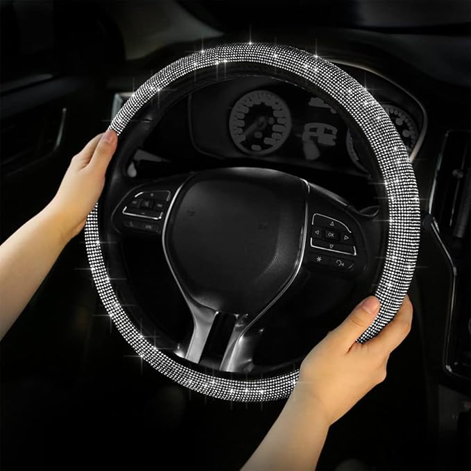 Diamond Car Steering Wheel Cover, Crystal Rhinestone Steering Cover, 15 inch Anti-Slip Steering Wheel Protector for Women & Girls, Easy Installation & Cleaning (Bling Crystal)
