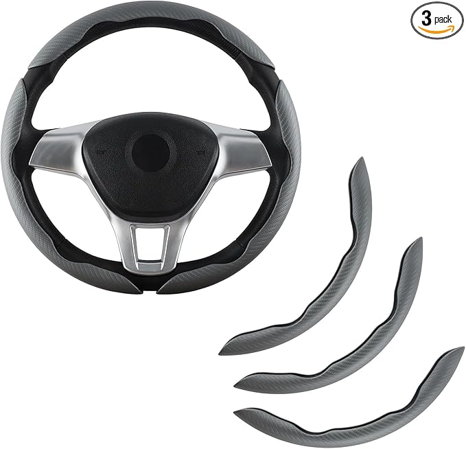 3pcs Carbon Fiber Car Steering Wheel Cover, Segmented Anti-Skid Steering Wheel Protector, Universal 99% Steering Wheel, Butterfly Steering Wheel Cover Women Men, Car Accessories Interior (Gray)