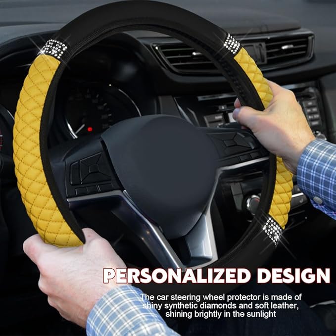 Car Steering Wheel Cover, Steering Wheel Accessories, Breathable Microfiber Leather Auto Wheels Protector, Universal 15 Inch Anti-Slip Protector for SUV Sedan Truck (Bling-Yellow)