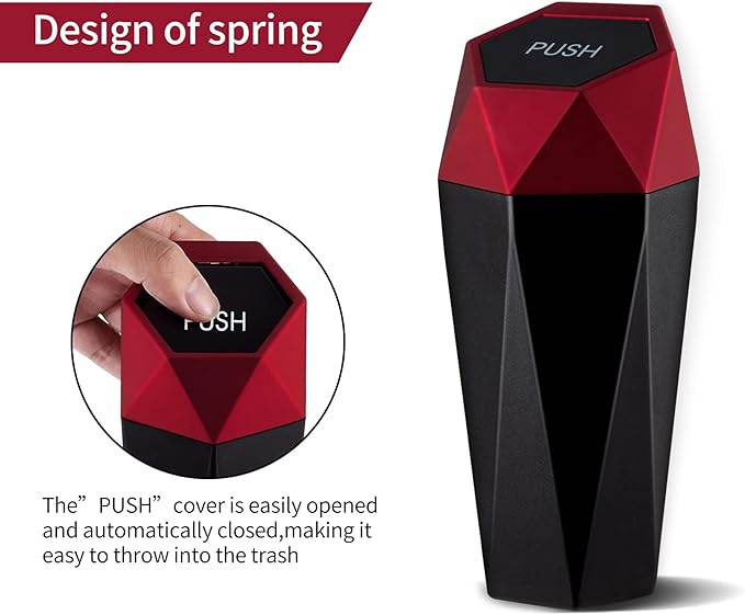 JUSTTOP Car Trash Can with Lid, Mini Diamond Design Portable Trash Can, Plastic Material and Multipurpose Organizers for Car,Home,Office(Red)