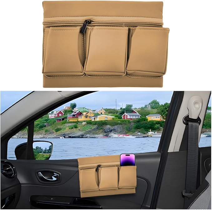 Mandark Car Window Armrest Storage Box, Leather Vehicle Side Door Organizer with Multiple Pockets, Comfortable Automotive Arm Elbow Rest Pad Bag Accessories, Universal for Most Cars (Beige)