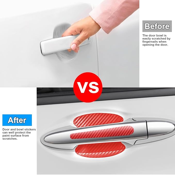 Carbon Fiber Car Door Handle Cup Scratch Protectors, Vehicle Door Handle Bowl Sticker, Automotive Paint Guard Protective Film Cover Accessories, Universal for SUV Sedan Truck (Red)