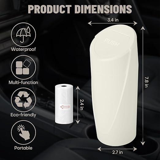SGLRT Car Trash Can Bin with Lid - Car Garbage Can Cup Holder - Light Beige Mini Leakproof Vehicle Garbage Bin with 40pcs Trash Bags-Automotive Organizers and Storage for Front Back Seat Accessories