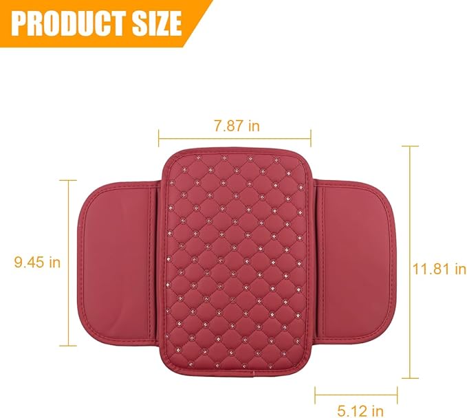 Bling Car Center Console Cover, Leather Crystal Rhinestone Vehicle Armrest Cushion Pad with Side Storage Bags, Scratch Resistant Auto Middle Console Protection Mat, Universal Fit (Wine Red)