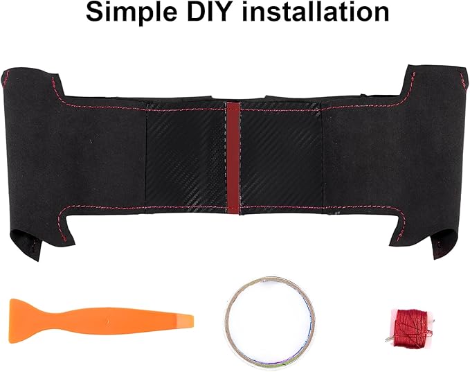 Steering Wheel Cover for Cybertruck Hand Stitching DIY Steering Wheel Cover Black with Dark Red Center Mark (Upper Lower Carbon Fiber & Alcantara Side Grips)