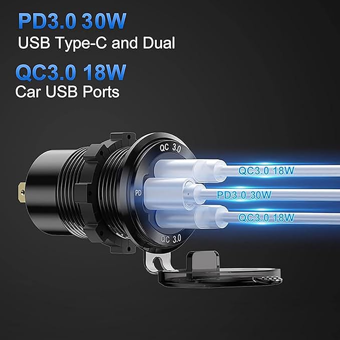 2 Pack 12V USB Outlet Wire Aluminum Car Charger Multi Port, Dual Quick Charge 3.0 Port and PD USB C Socket with Voltmeter Switch for Car Boat Marine Truck RV, Fast Charge for Phones lPad, etc.