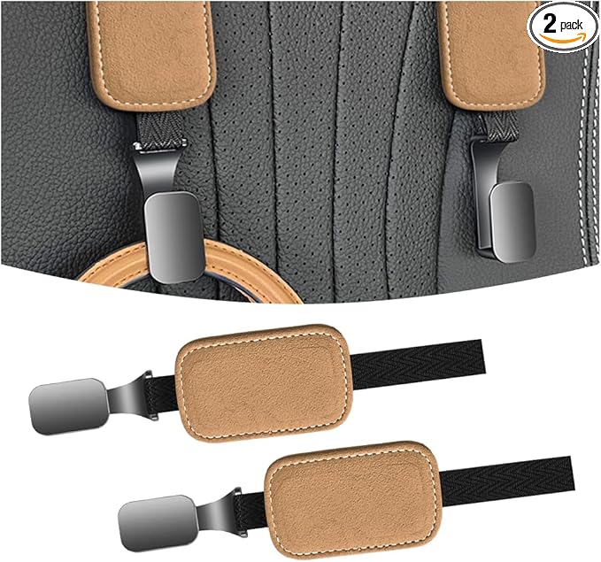 AUCELI Car Seat Headrest Suede Hook, 2 Pack Auto Seat Back Hooks, Suede Storage Organizer with Metal Hanger, Vehicle Backseat Hangers, Creative Interior Accessories for Hanging Grocery Purse (Camel)
