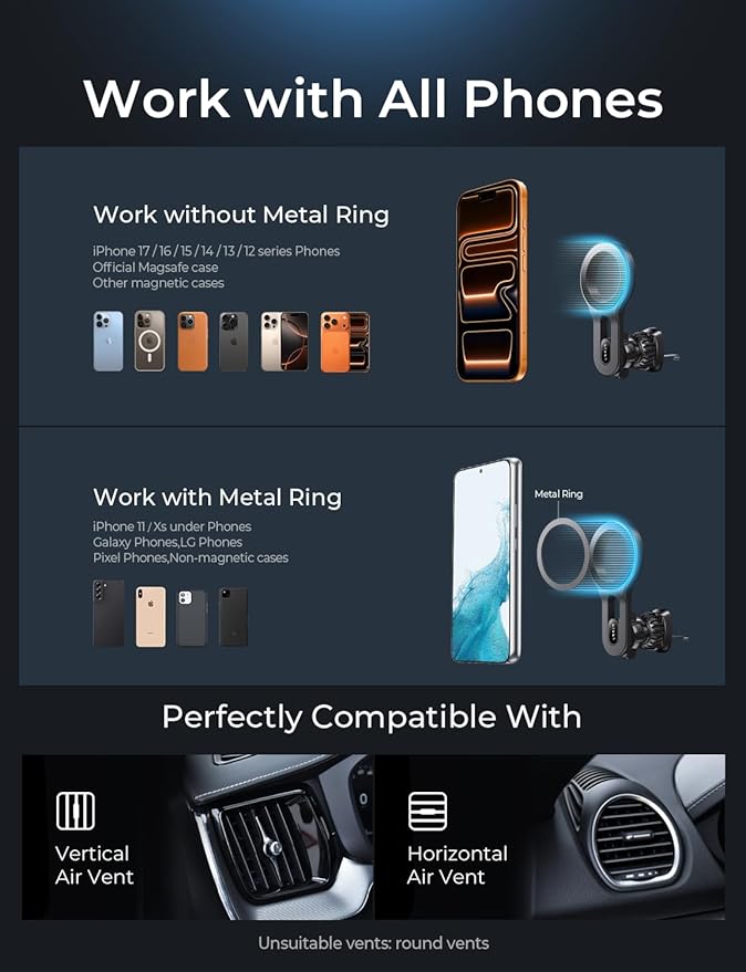 LISEN for MagSafe Car Mount, 2026 Magnetic Phone Holders for Car Air Vent Phone Mount [Ultra-Magnetic] Hands Free Cell Phone Holder Car Accessories Gifts for Men Women fit iPhone 17 16 15 14 13 12 Pro