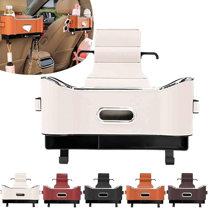 Multifunctional Car Seat Back Storage Box, Car Seat Tissue Box and Storage Box, Universal Car Tissue Organizer Back Seat with 2 Drink Cup Holder (White)