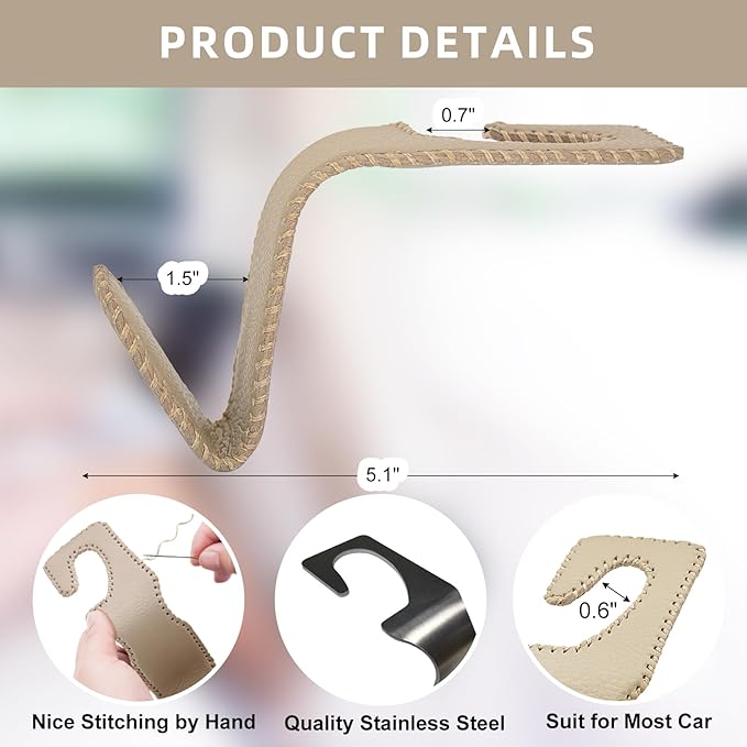 Etre Jeune Car Bag Hooks - 2 Pack Beige Leather Seat Hooks for Hanging Purses, Bags and Coats
