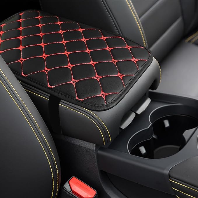 Car Center Console Cushion Pad, Comfortable PU Leather Vehicle Armrest Seat Box Cover, Waterproof Automotive Interior Arm Rest Protector Accessories, Universal Fit (Black/Red)