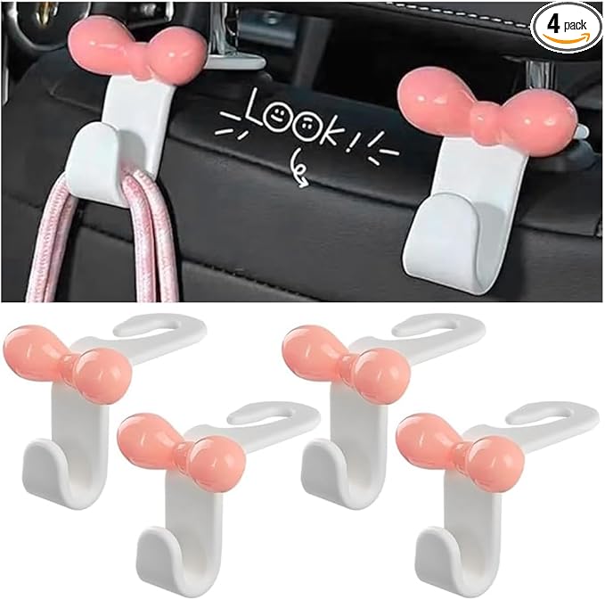 BELOMI 4PCS Car Seat Headrest Hooks, Cute Bow Vehicle Back Seat Hanger for Purses Bag, Auto Interior Backseat Storage Hanging Organizer Accessories, Universal for SUV Sedan Truck (White)
