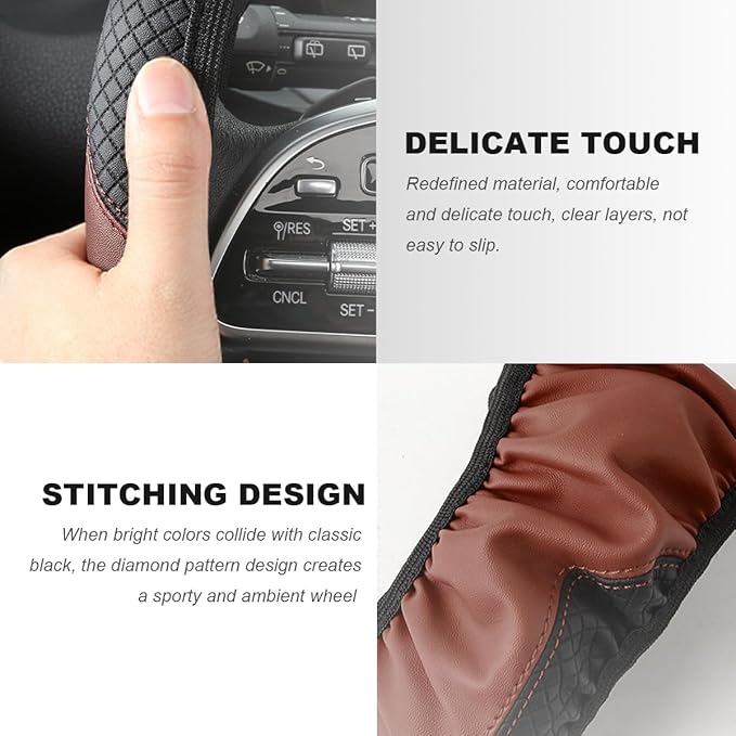 Car Steering Wheel Cover, 15 Inch Carbon Fiber Elastic Vehicle Steering Wheel Protector, Breathable Leather Auto Wheel Covers for Women Men, Interior Car Accessories (Black & Coffee, AD)