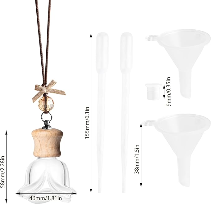 GTWYGT 6 Pack Leak-Proof Hanging Car Diffuser - 8ml Refillable Empty Bottles with Wood Caps, 3 Funnels & 2 Droppers - Essential Oil Air Freshener for Car, Home or Office (6, Rose)